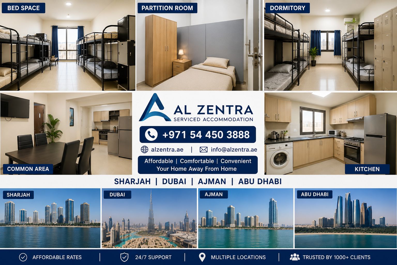 Alzentra serviced accommodation — bed space, partition room, dormitory, common area, and kitchen across Sharjah, Dubai, Ajman, and Abu Dhabi